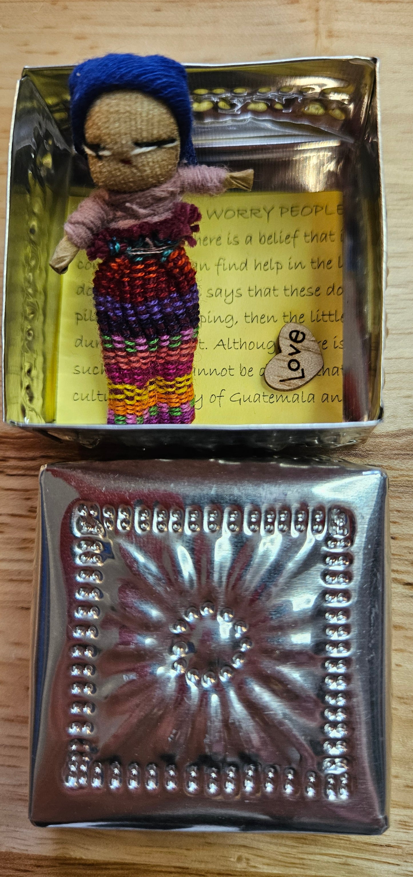 Guatemalan Worry Doll including Hand Pressed tin Box - Doll 10
