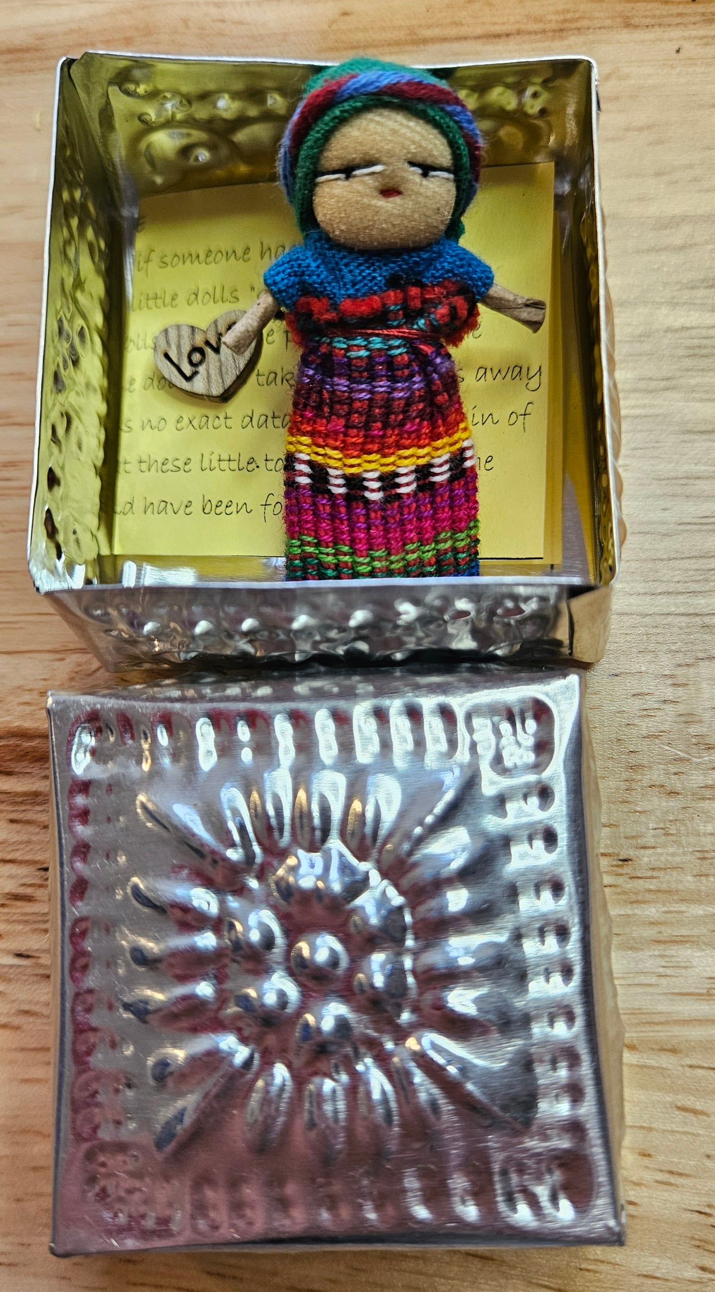 Guatemalan Worry Doll including Hand Pressed tin Box - Doll 4