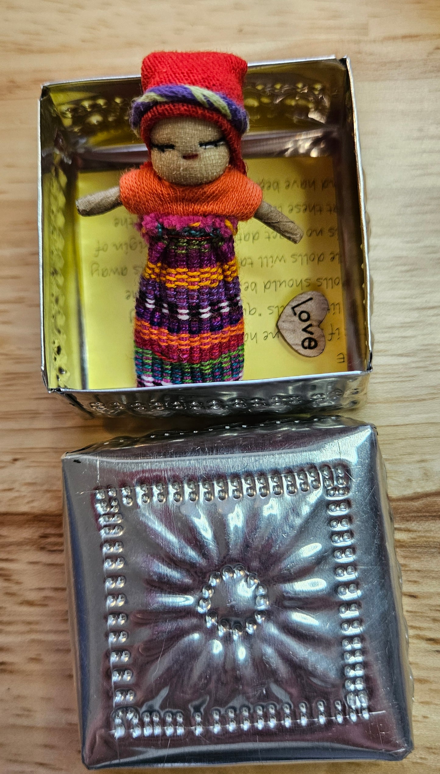 Guatemalan Worry Doll including Hand Pressed tin Box - Doll 5