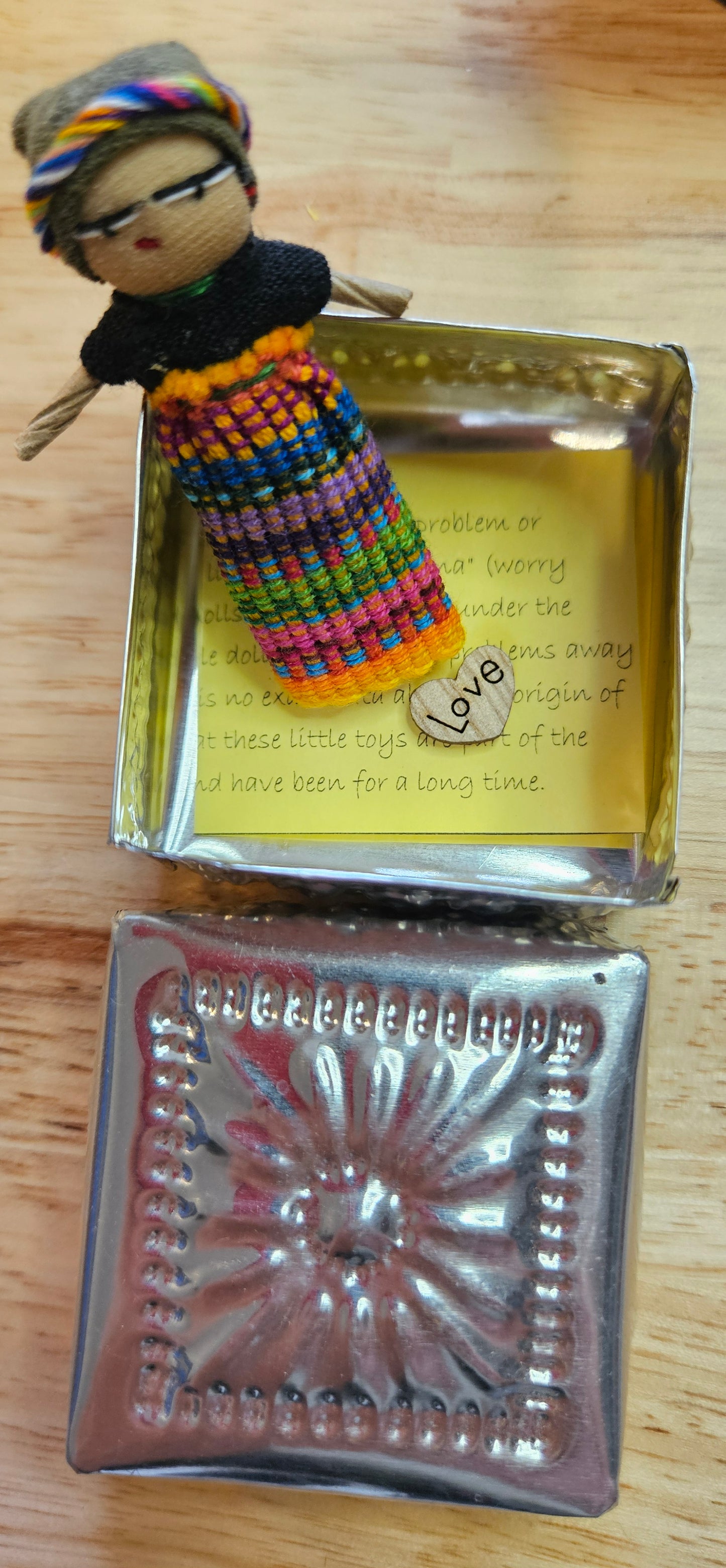 Guatemalan Worry Doll including Hand Pressed tin Box - Doll 8
