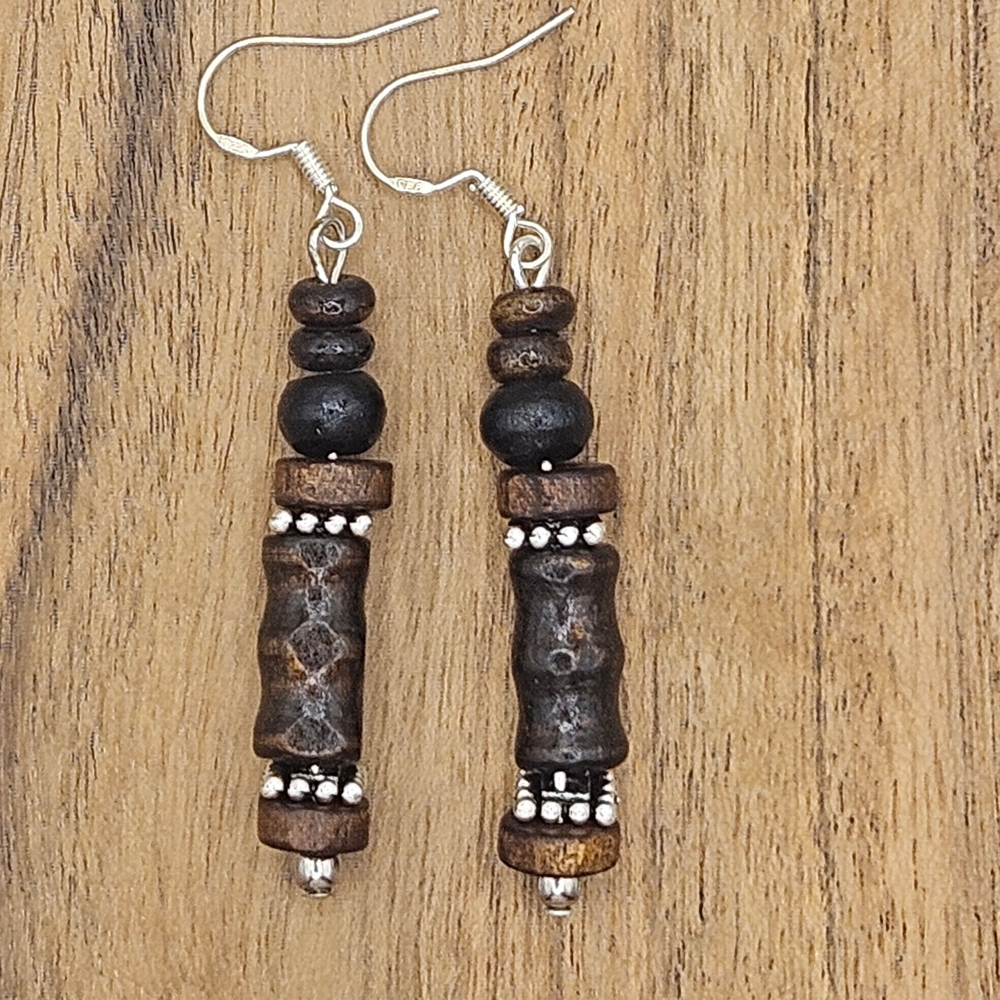 Earrings - Trade/Gemstone Beads - Bamboo Timber Carved