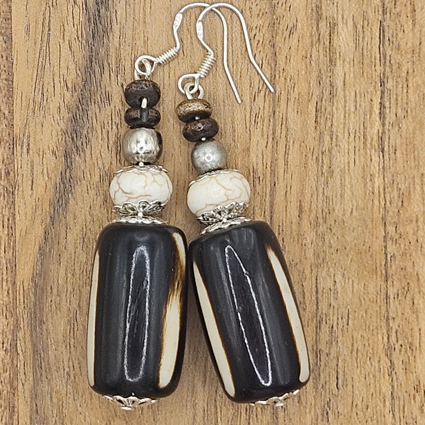 Earrings - Trade/Gemstone Beads - Bone and Hand carved timber