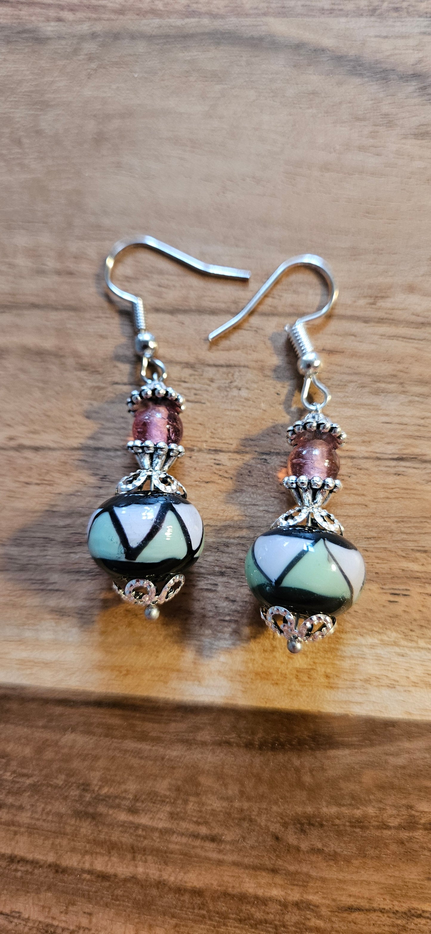 Earrings - Glass Beads - Retro Pink n Green