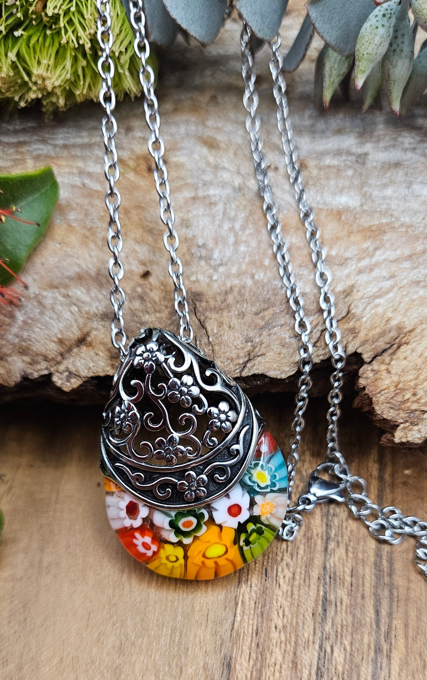 Necklace - Bohemian Glass Inlay Pendant - Celestial Drop