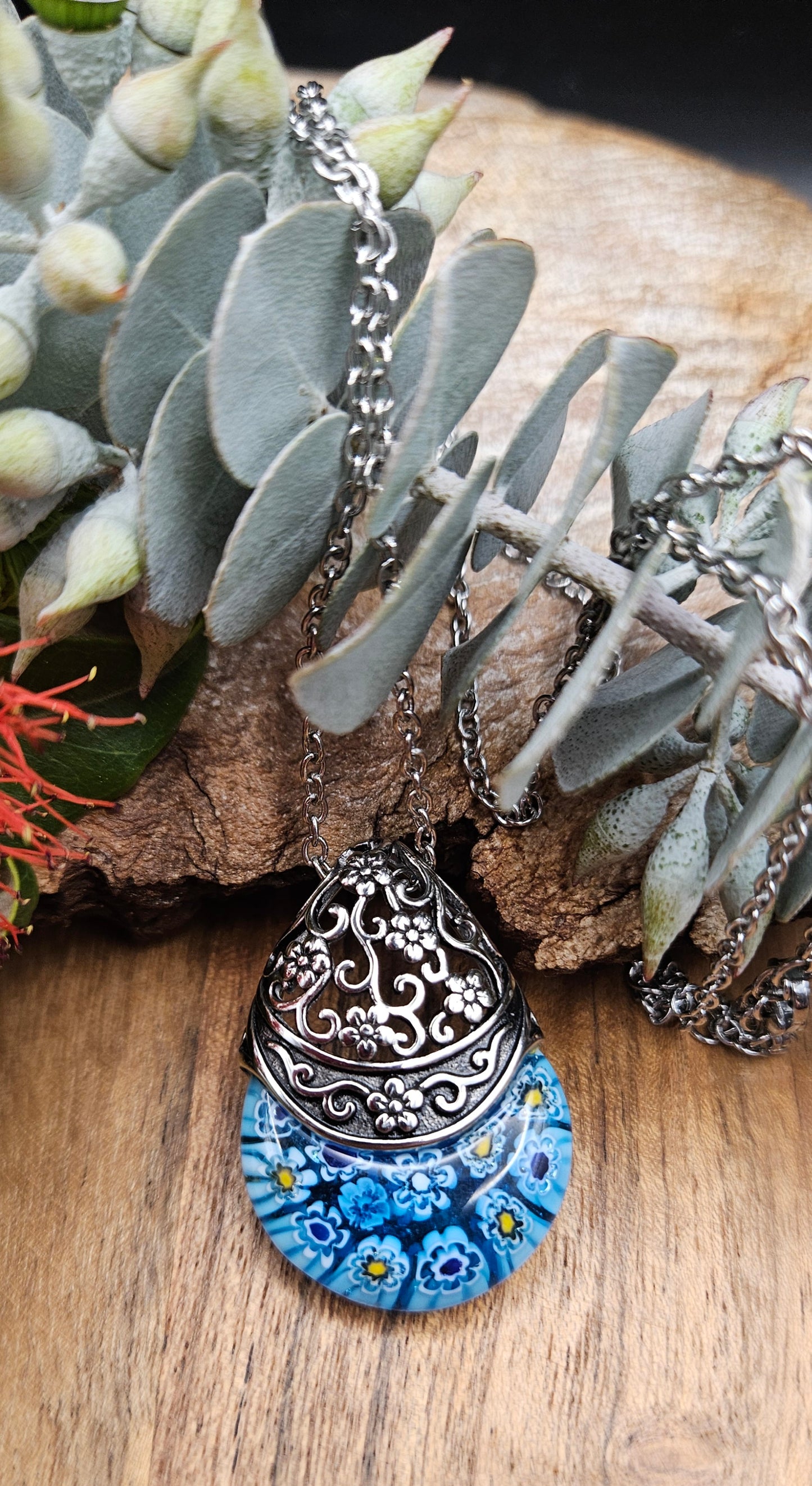 Necklace - Bohemian Glass Inlay Pendant - Blue