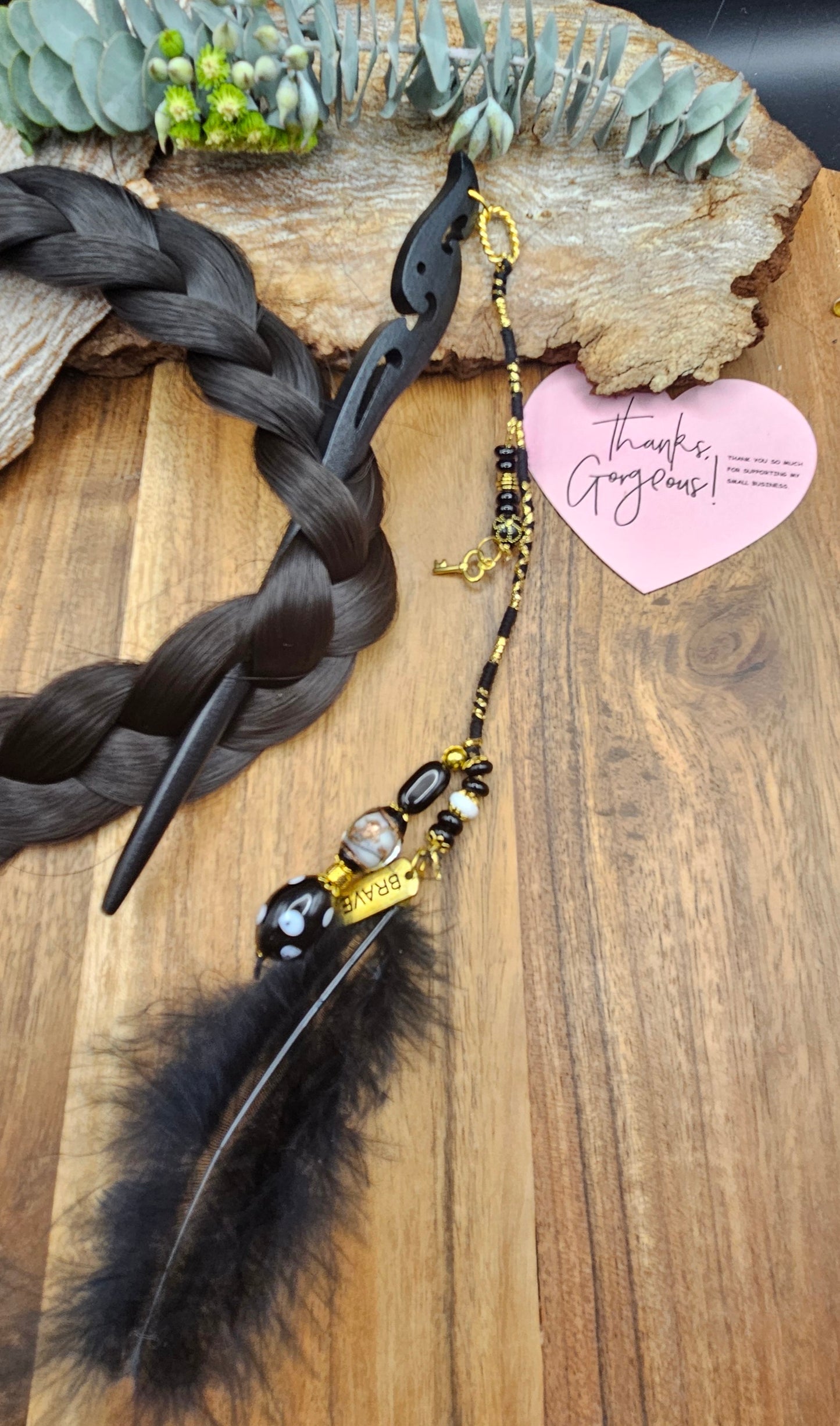 Hairpin - Black n Gold Glass and Feather