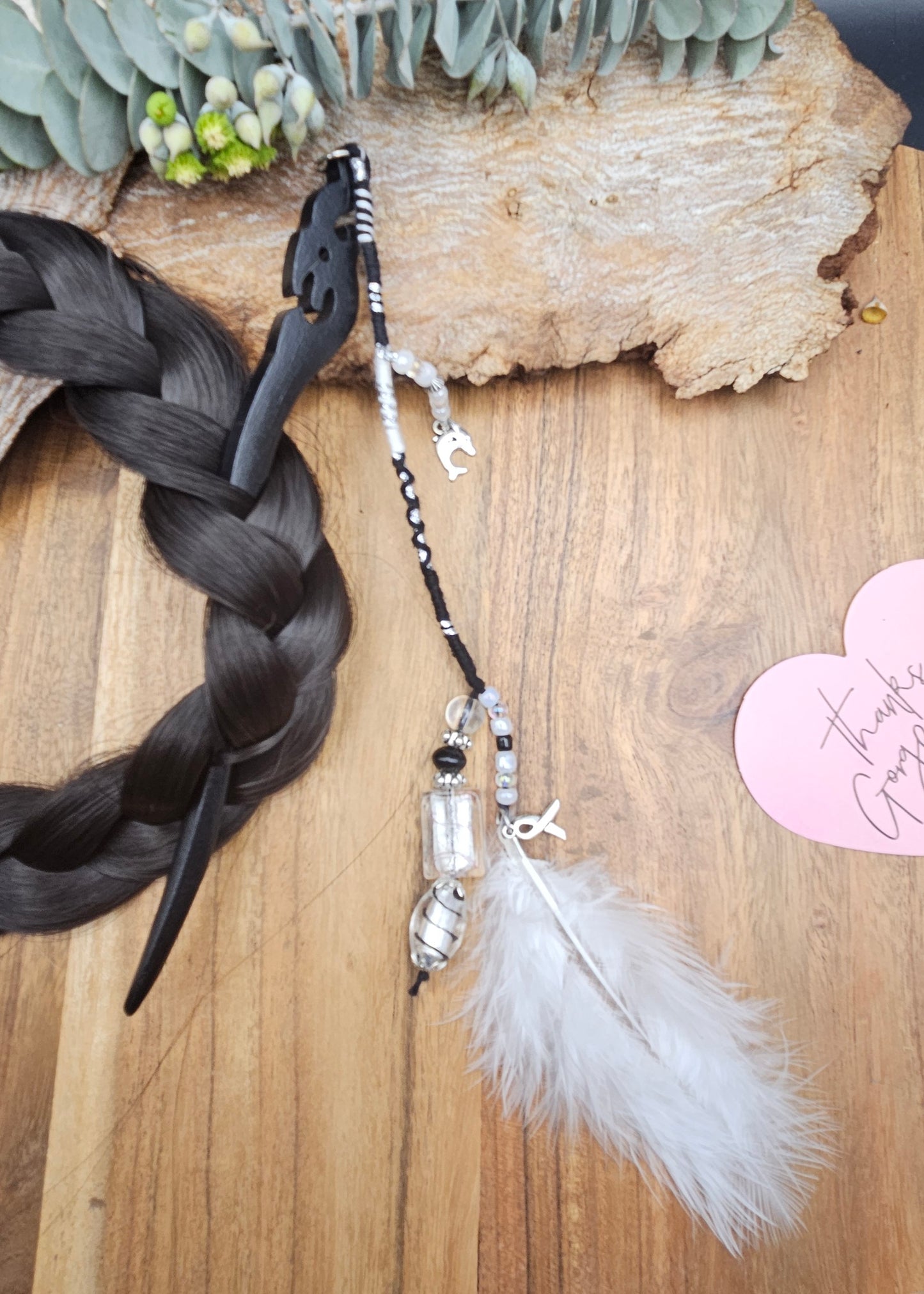 Hairpin - Black n silver Glass and Feather