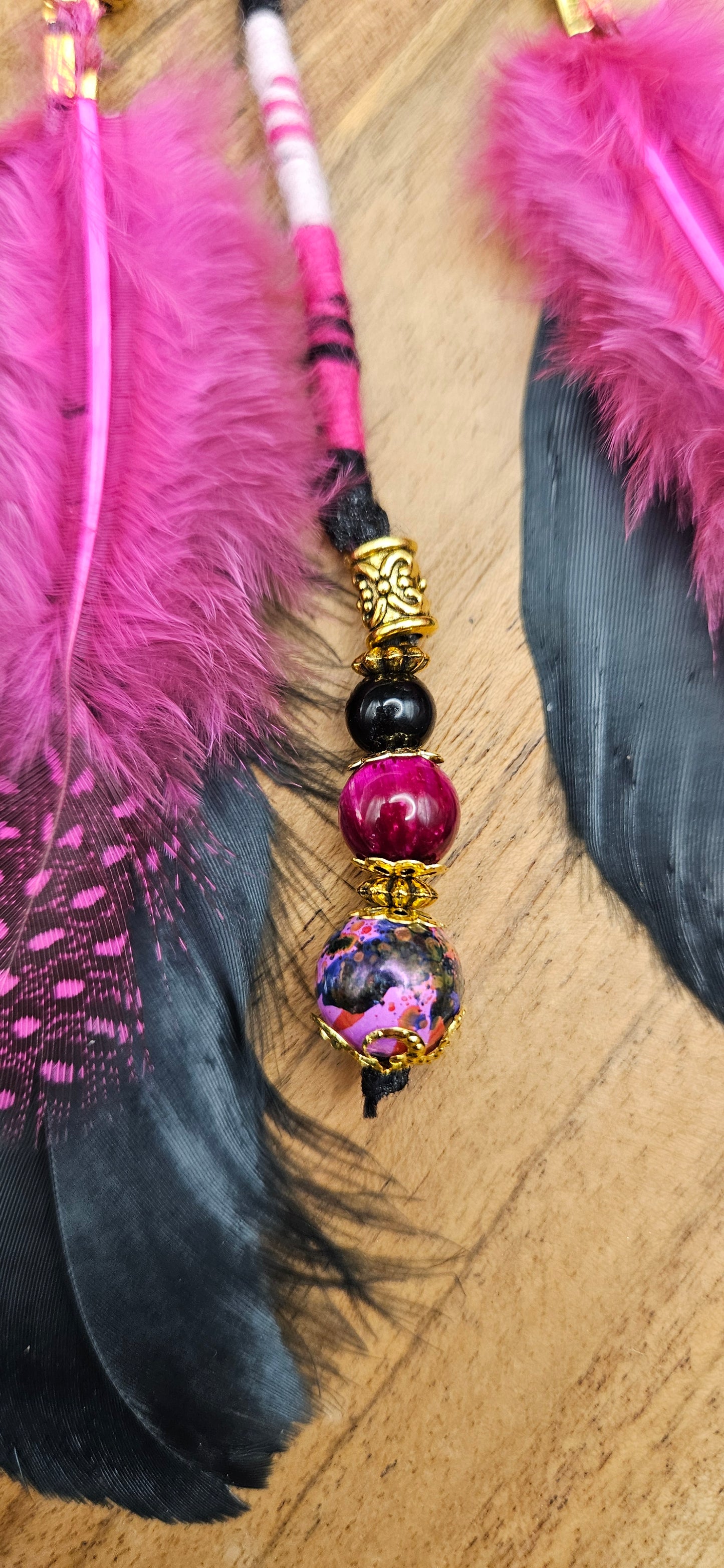 Hairwrap Earrings - Pink n Black Feathers
