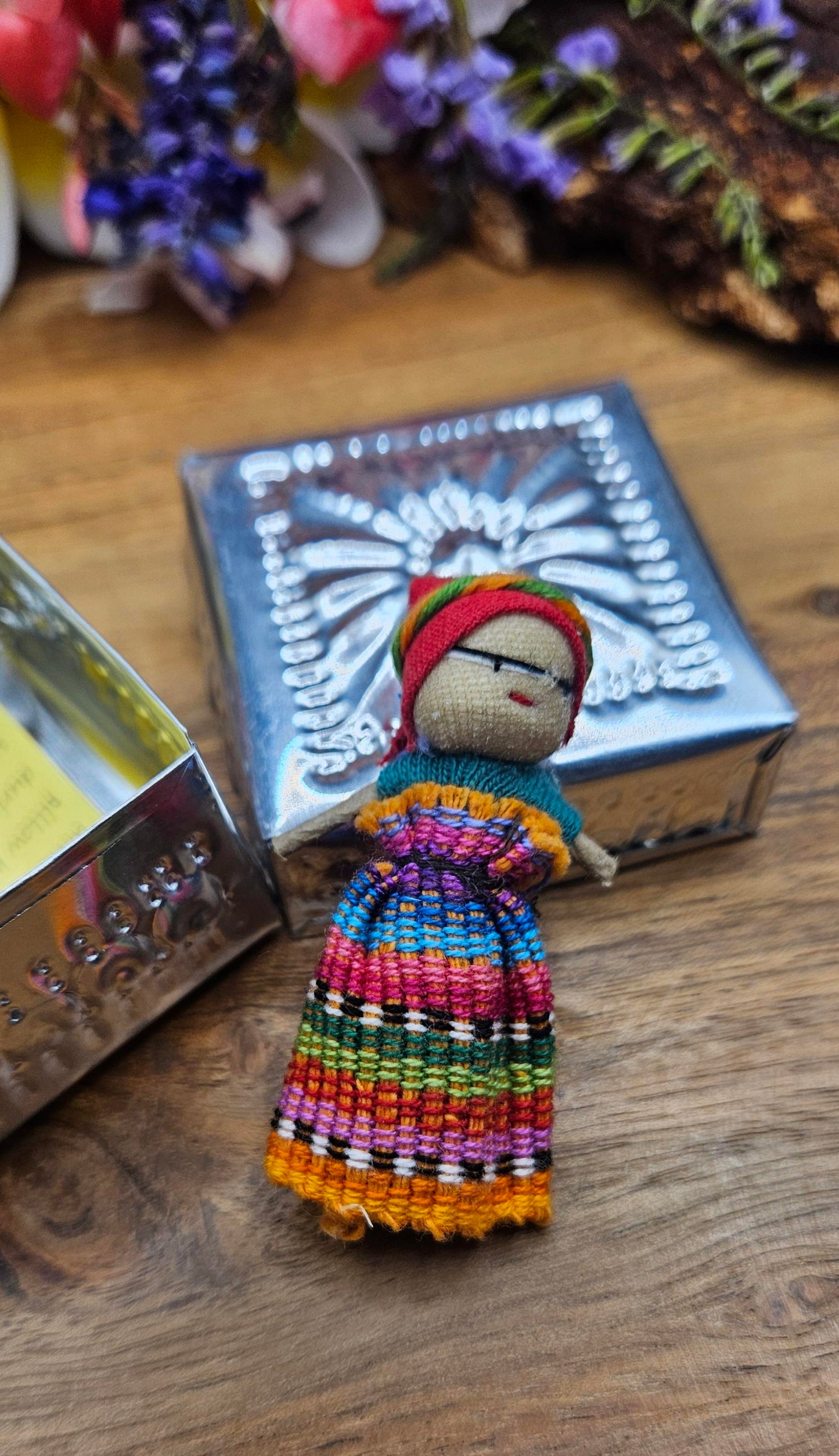 Guatemalan Worry Doll including Hand Pressed Tin Box - Doll 1