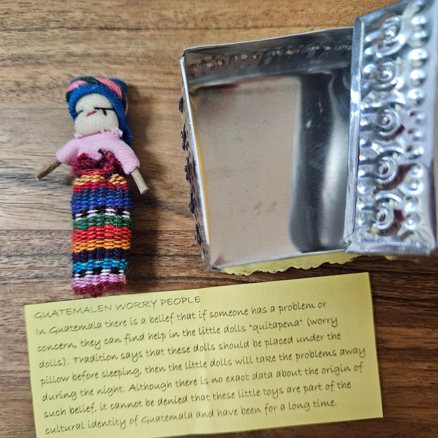 Guatemalan Worry Doll including Hand Pressed tin Box - Doll 10