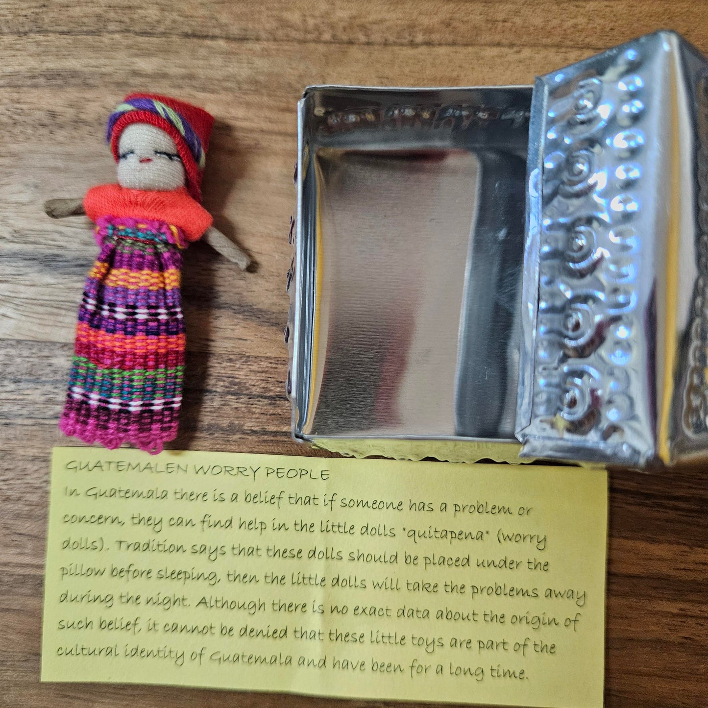 Guatemalan Worry Doll including Hand Pressed tin Box - Doll 11