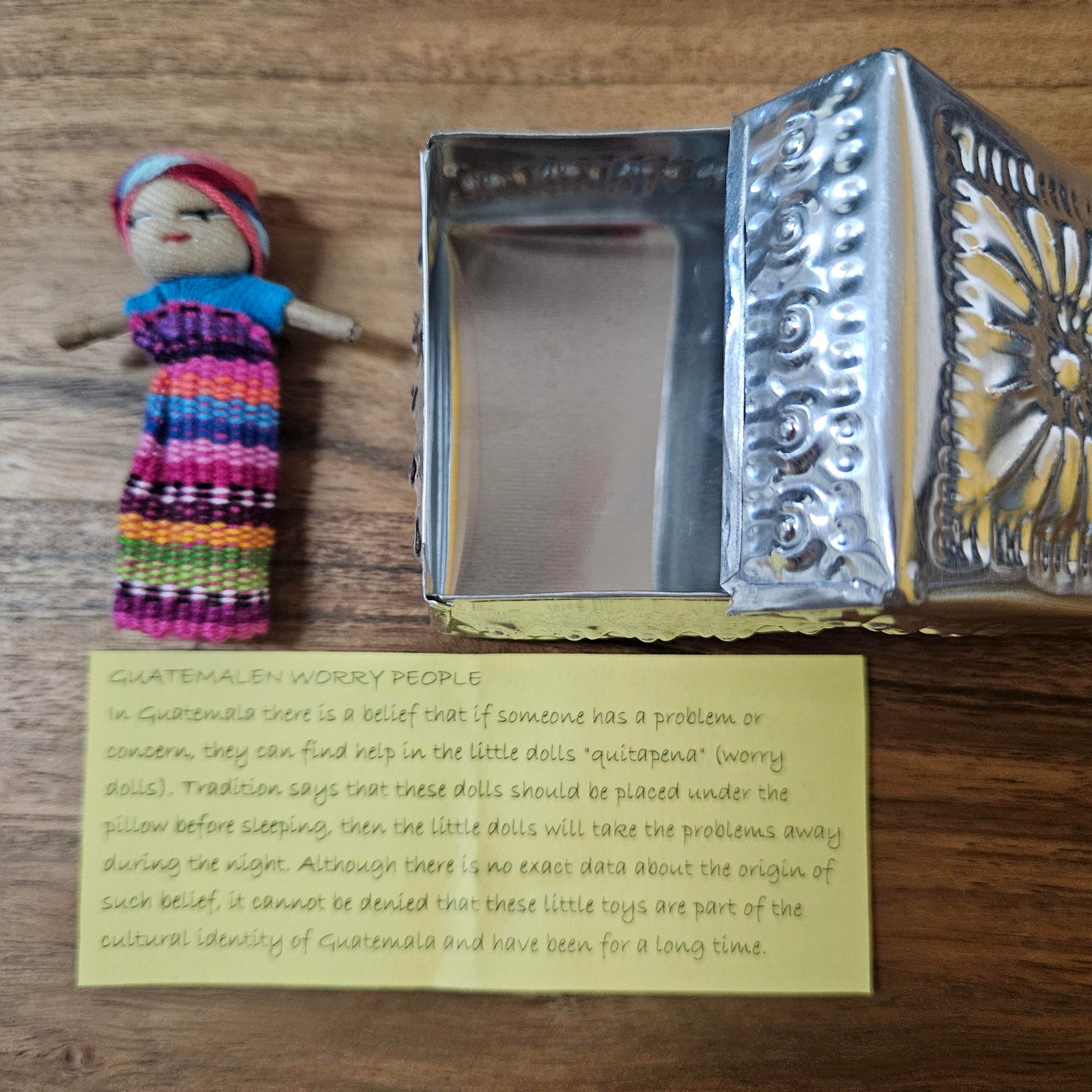 Guatemalan Worry Doll including Hand Pressed tin Box - Doll 12