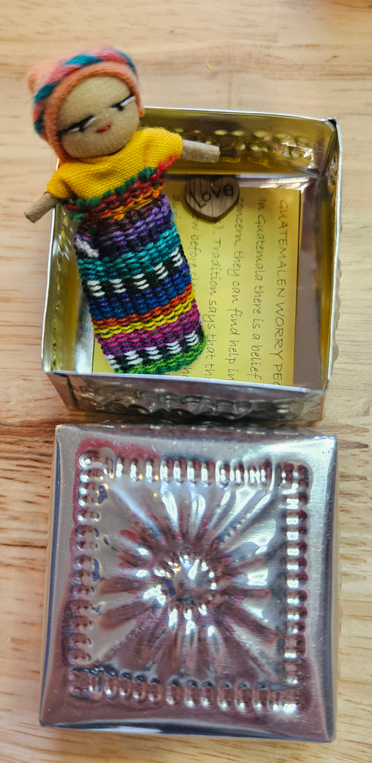 Guatemalan Worry Doll including Hand Pressed tin Box - Doll 11