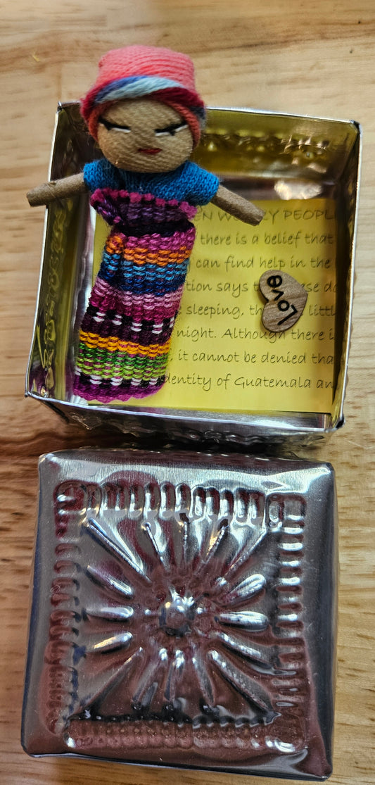 Guatemalan Worry Doll including Hand Pressed tin Box - Doll 12