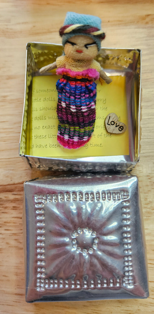 Guatemalan Worry Doll including Hand Pressed tin Box - Doll 6