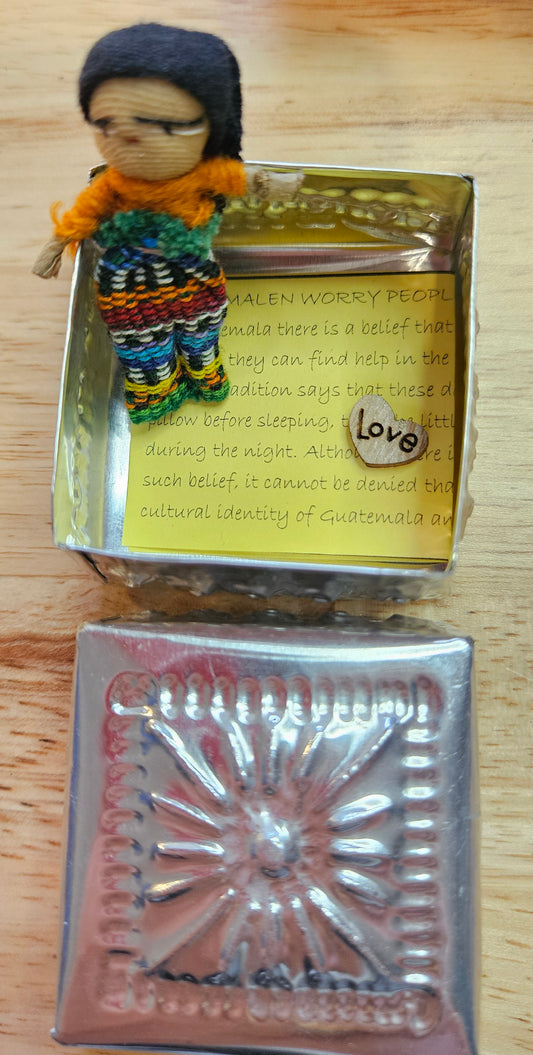 Guatemalan Worry Doll including Hand Pressed tin Box - Doll 7