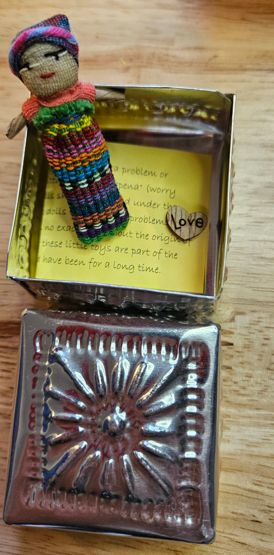 Guatemalan Worry Doll including Hand Pressed tin Box - Doll 9