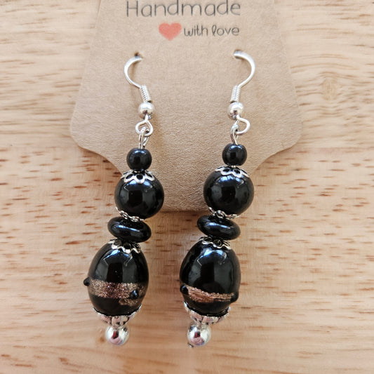 Earrings - Glass & Ceramic Treasures - Handmade Indian Glass Beads - Black Gold