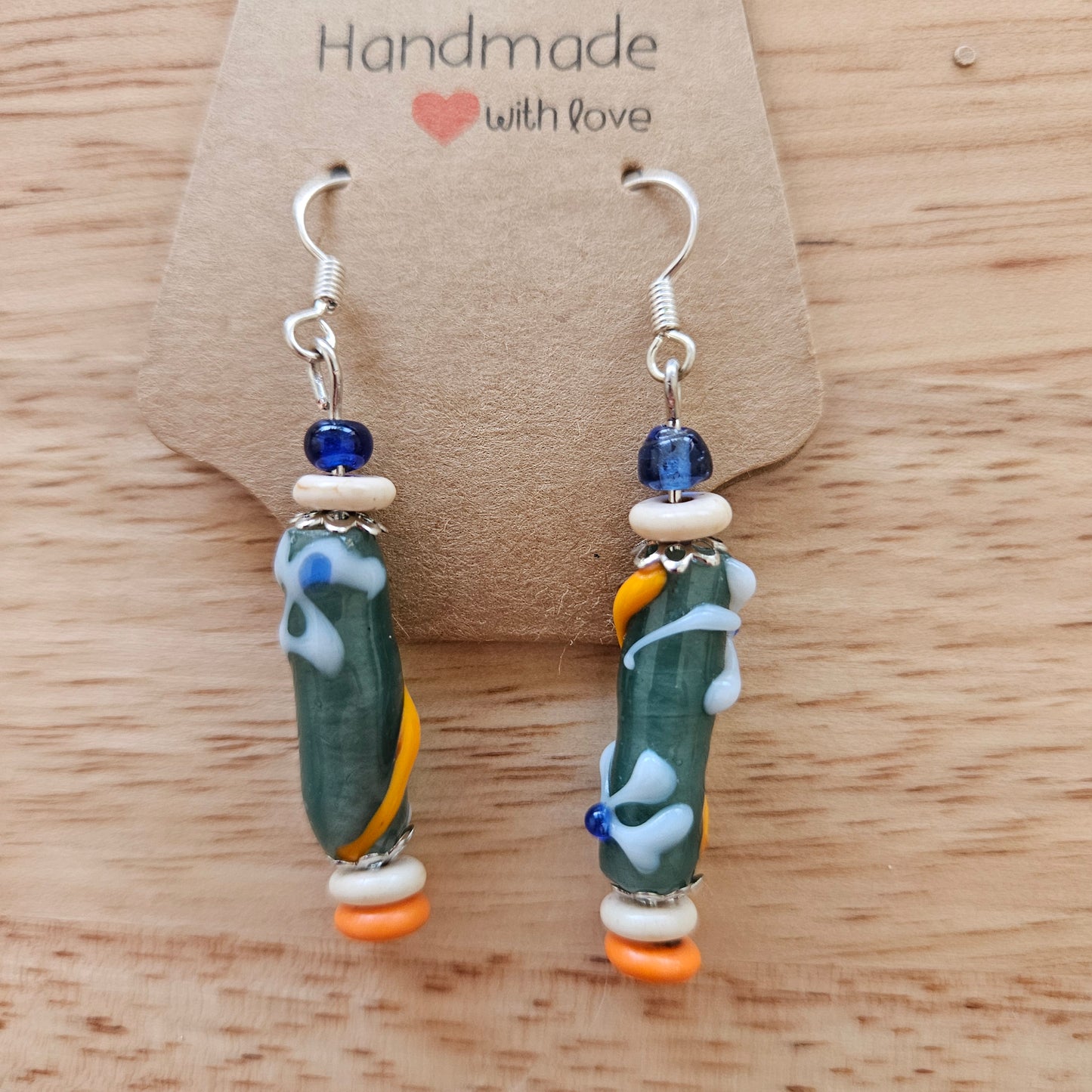 Earrings - Glass & Ceramic Treasures - Handmade Indian Glass Beads -Blue Orange