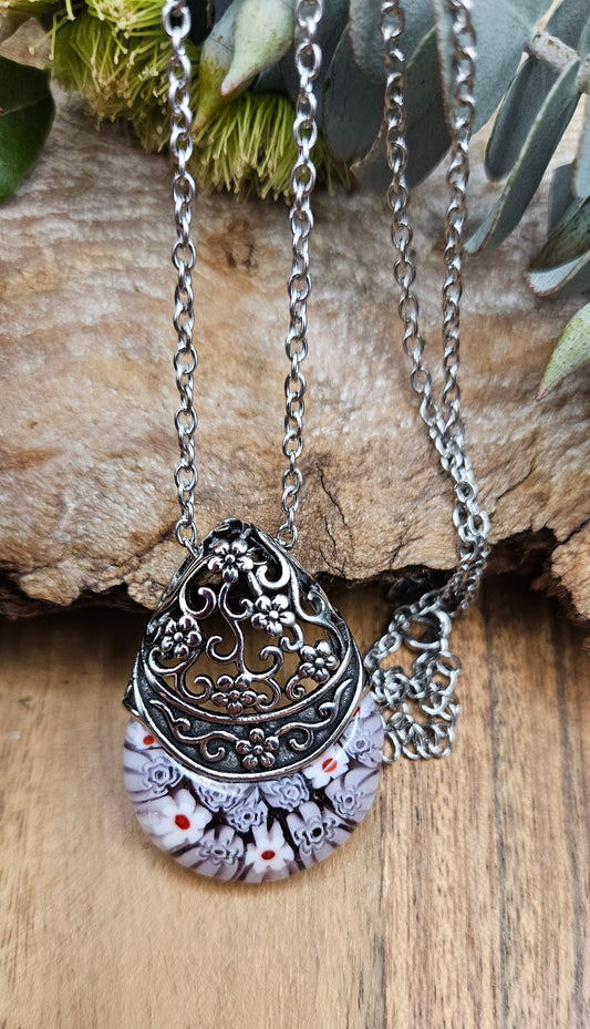 Necklace - Bohemian Glass Inlay Pendant - Purple