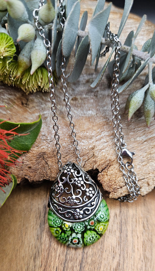 Necklace - Bohemian Glass Inlay Pendant - Purple Green
