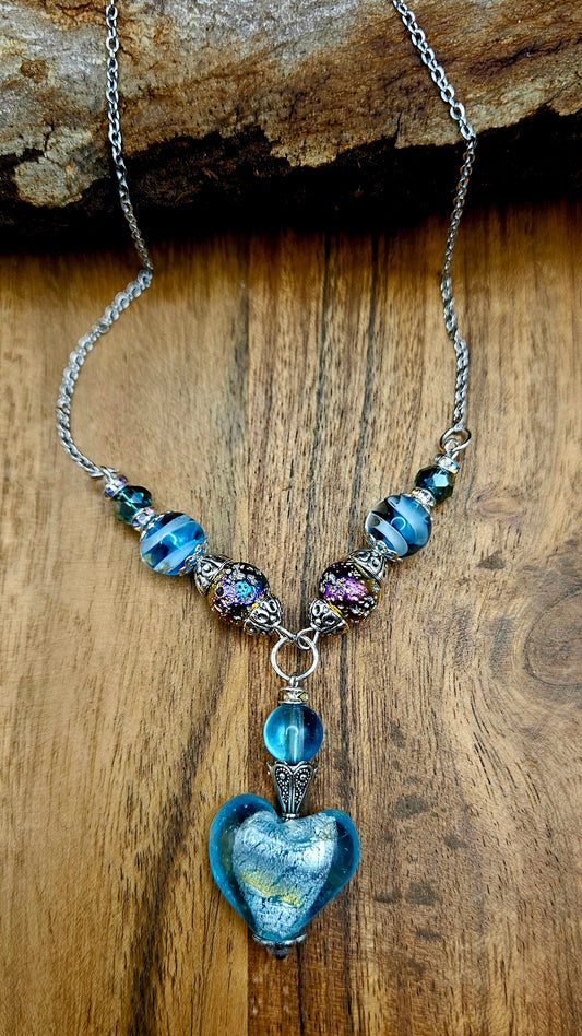 Necklace - Handmade Glass Beads  - Baby Blue