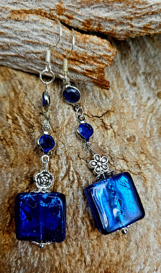 Earrings - Blue Foil Lamp work glass