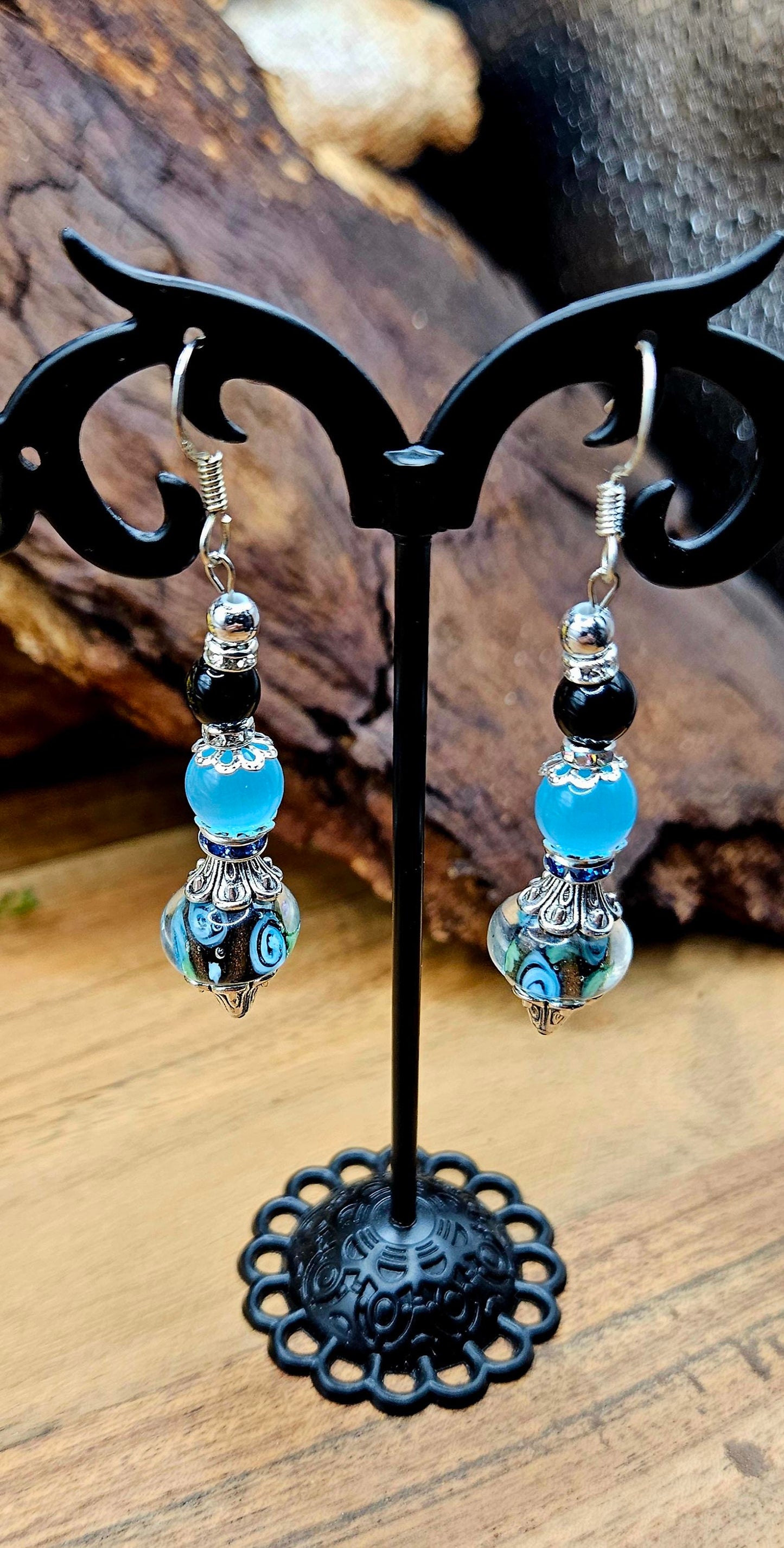 Earrings - Glass Beads - Millefiori Blue Rose