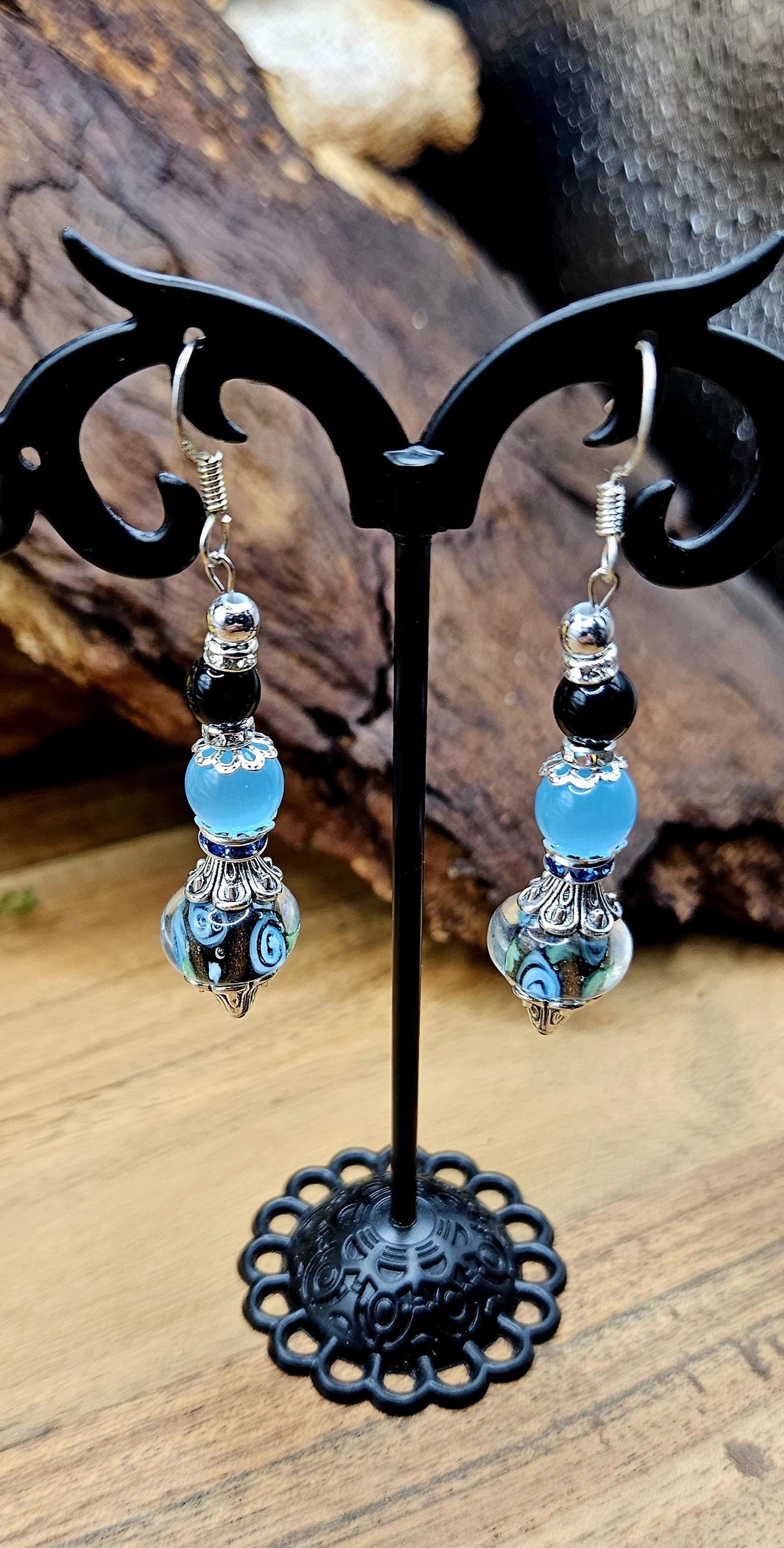 Earrings - Glass Beads - Millefiori Blue Rose