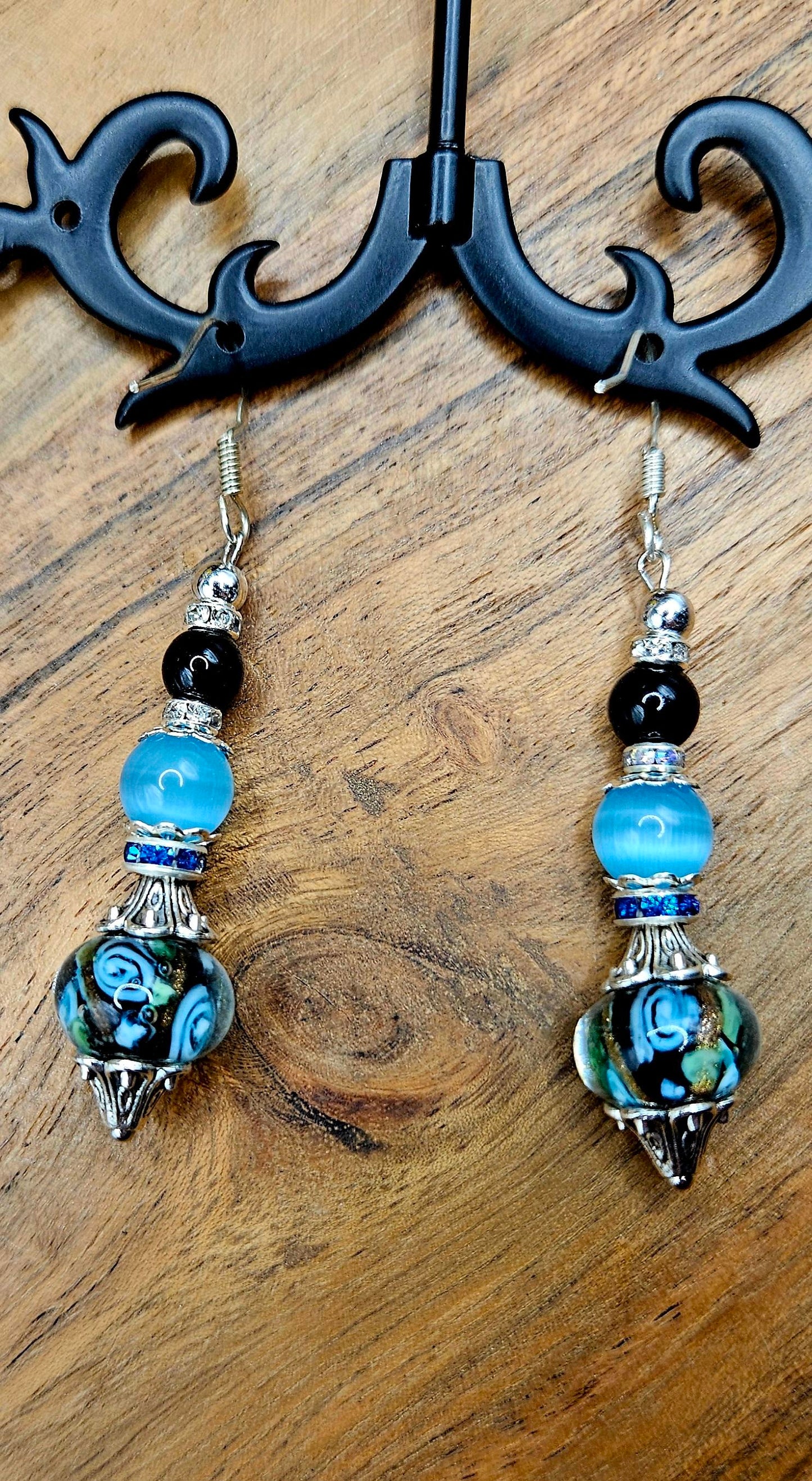 Earrings - Glass Beads - Millefiori Blue Rose
