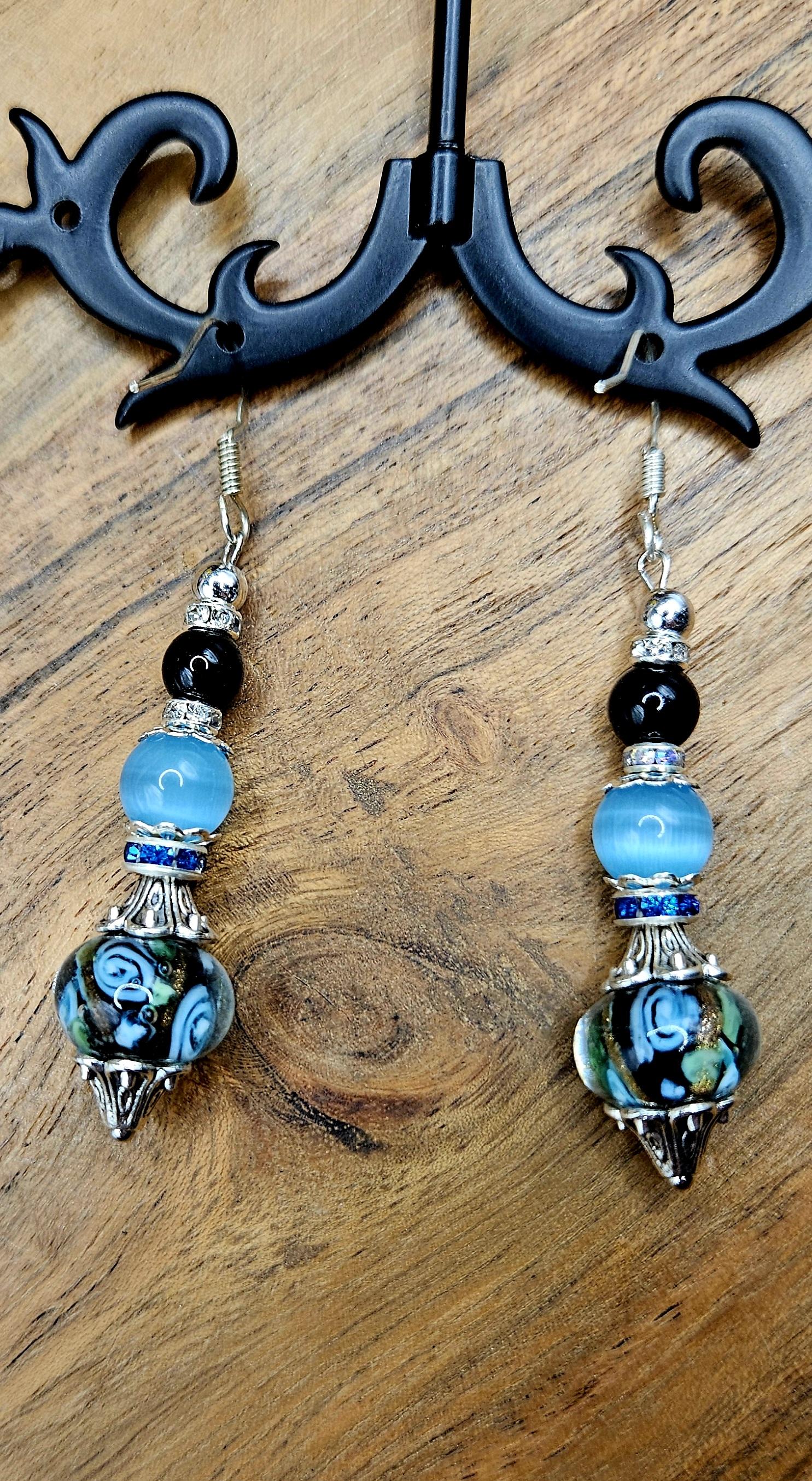 Earrings - Glass Beads - Millefiori Blue Rose