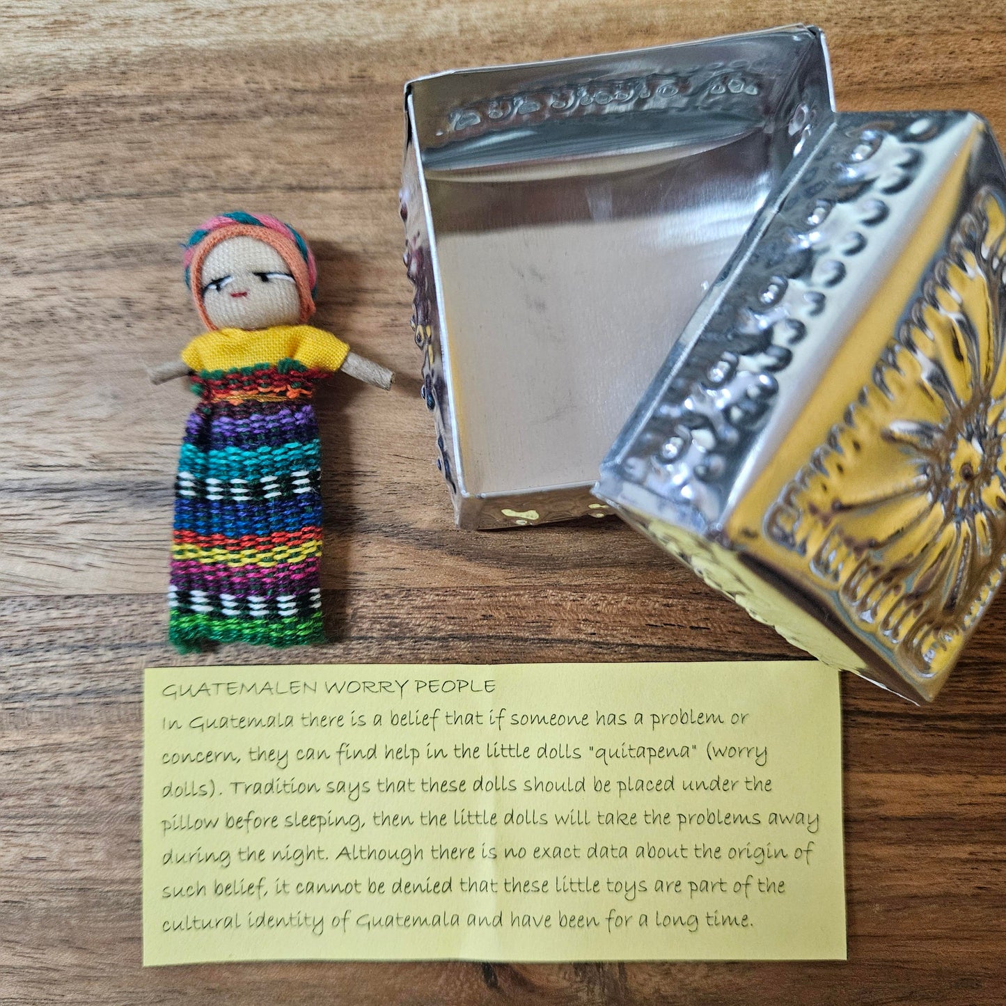 Guatemalan Worry Doll including Hand Pressed tin Box - Doll 7