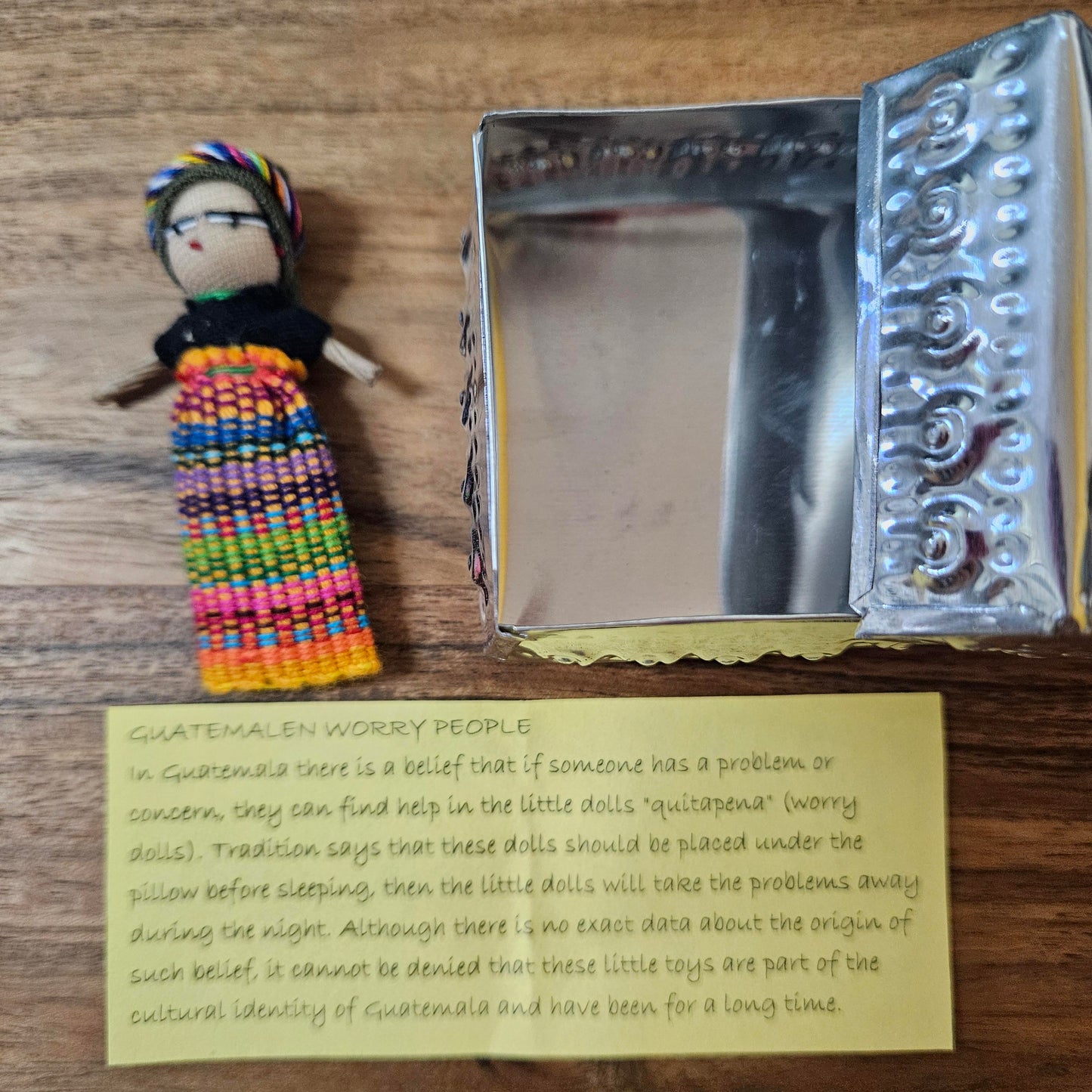 Guatemalan Worry Doll including Hand Pressed tin Box - Doll 8