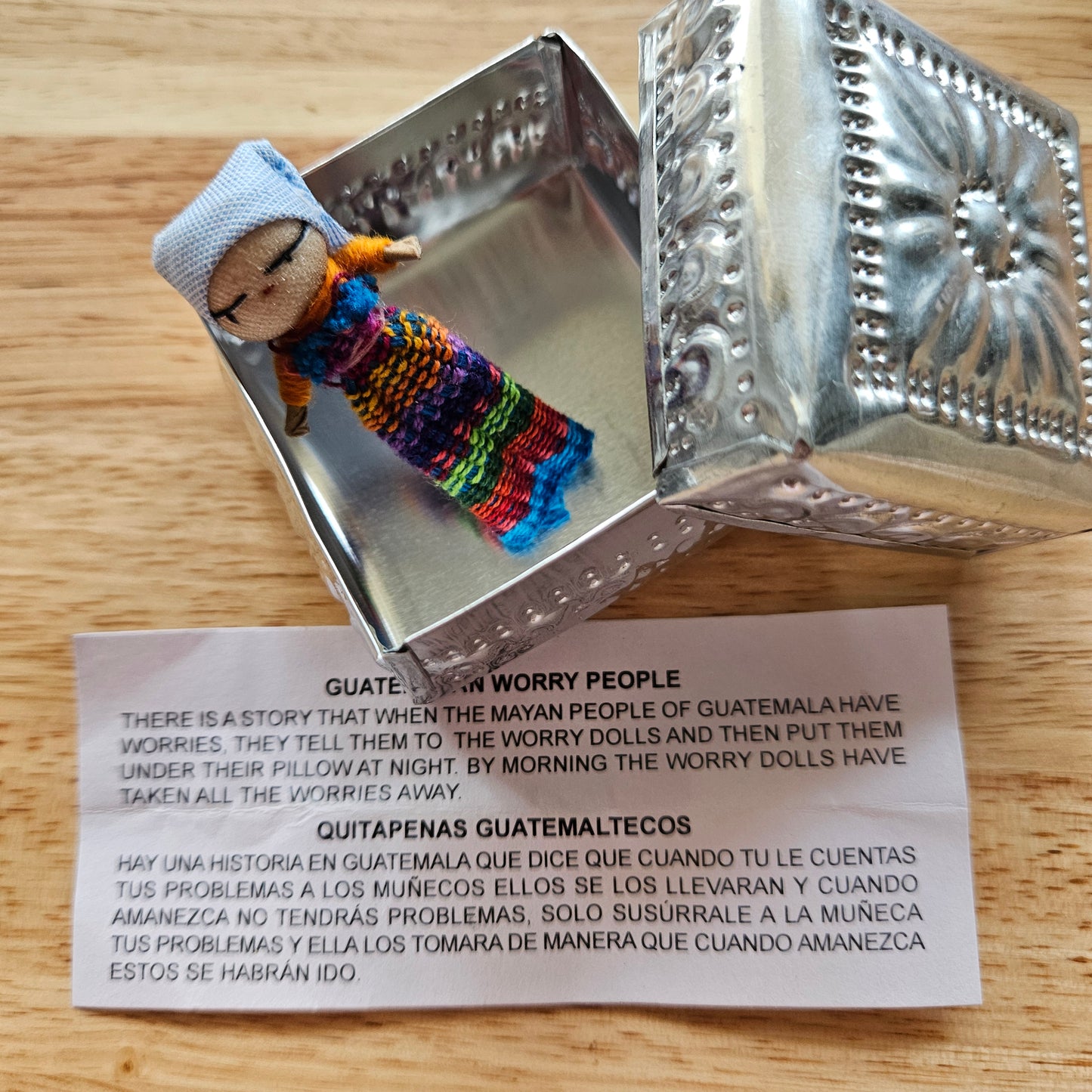 Guatemalan Worry Doll including Hand Pressed tin Box - Doll 4