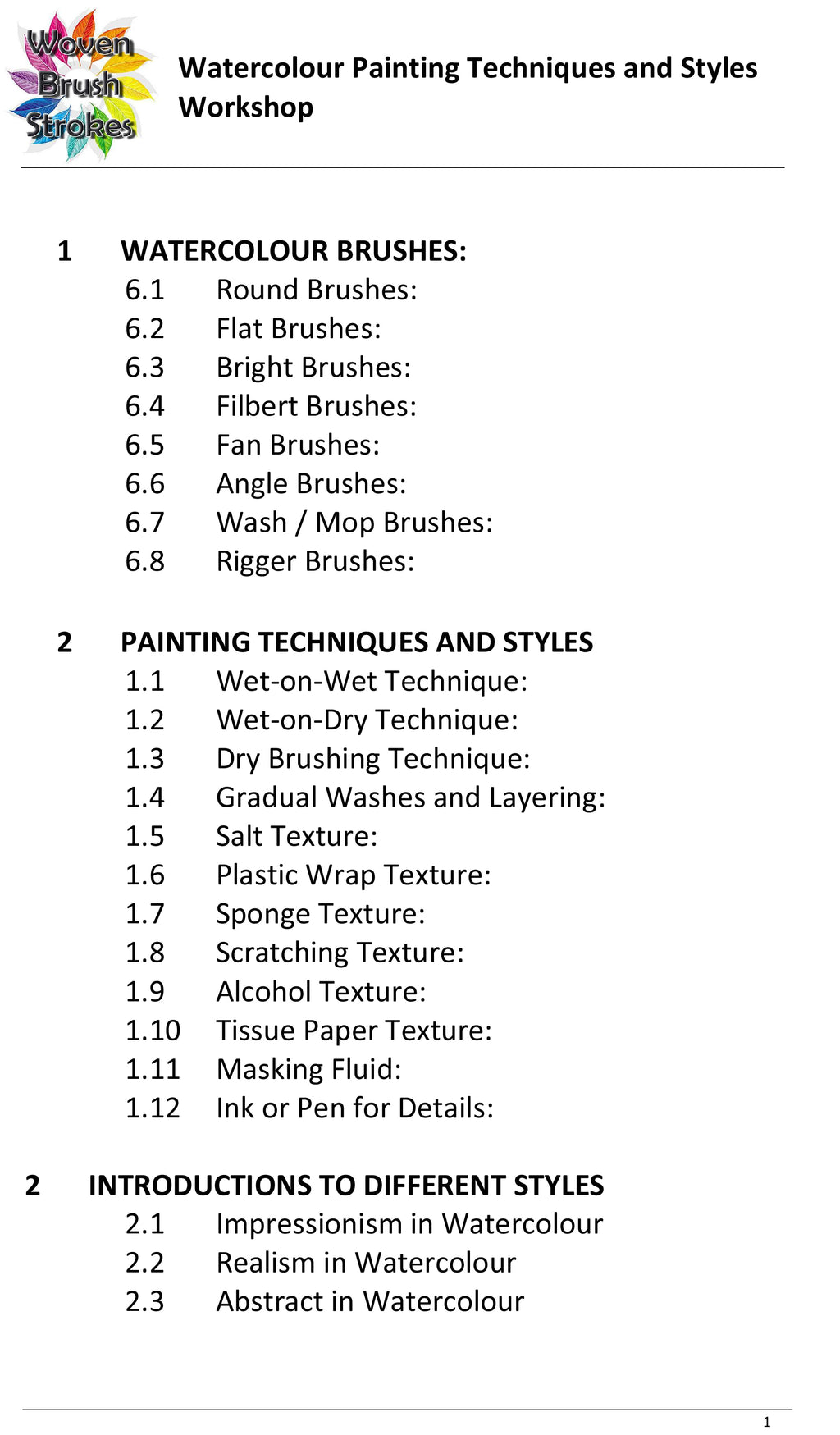 Beginners Watercolour Workshop - PAINTING TECHNIQUES AND STYLES (1.5HR SESSION)