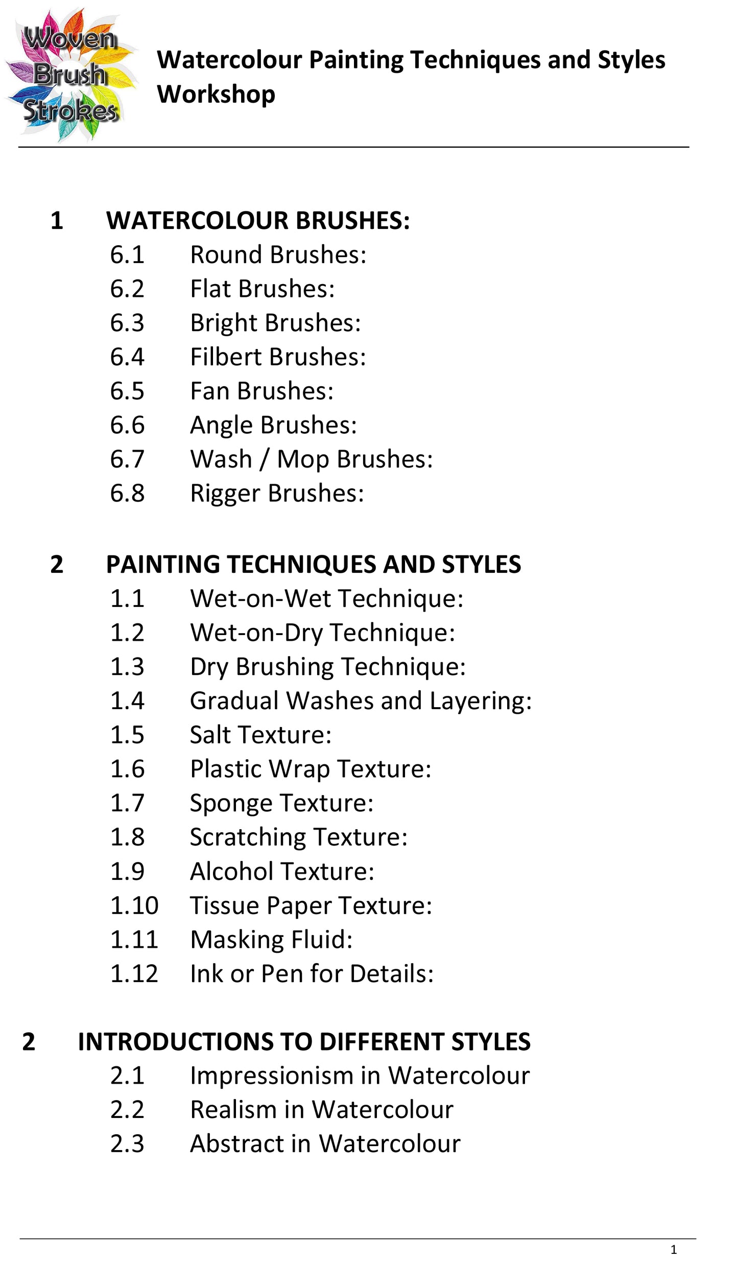 Beginners Watercolour Workshop - PAINTING TECHNIQUES AND STYLES (1.5HR SESSION)